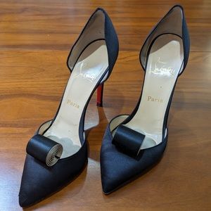 Christian Louboutin Pegote Pointed Toe Black Satin Pumps with Satin Coil Detail